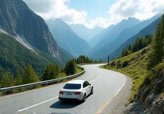 Touristenfahrzeug auf einer malerischen Schweizer Passstrasse